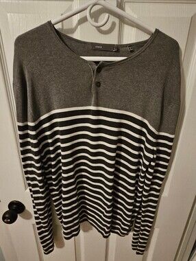 Men's Vince Grey & White Striped Henley Sweater